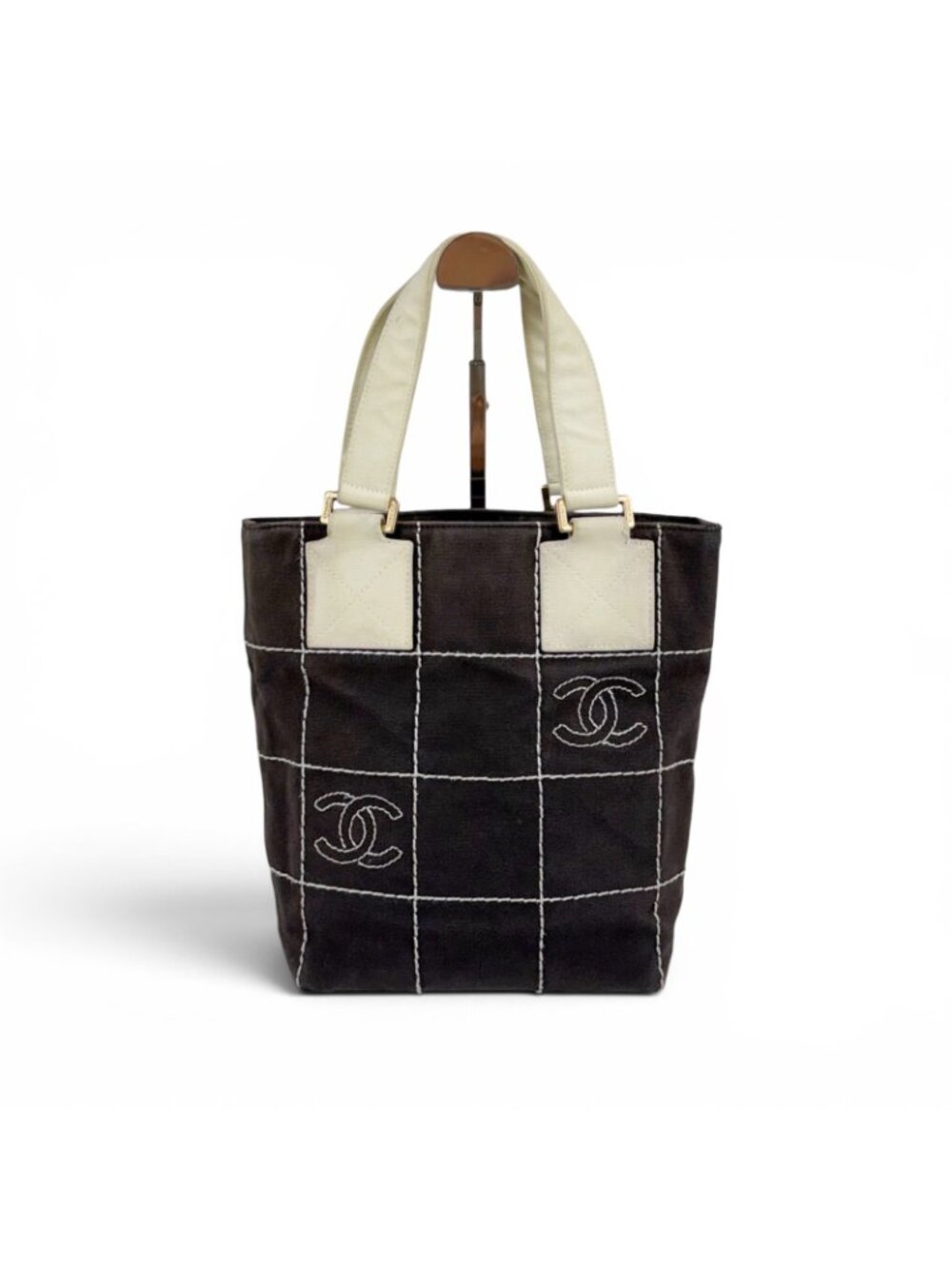 Chanel Wild Stitch Mini Tote Bag CC Logo Black White Canvas Chocolate - Picture 2 of 12